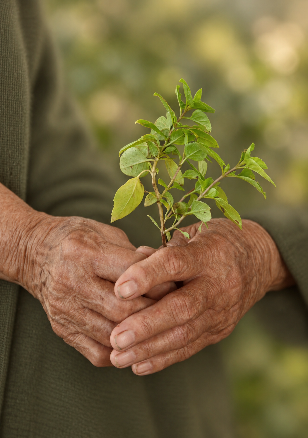 Older hands holding a leafy plant.