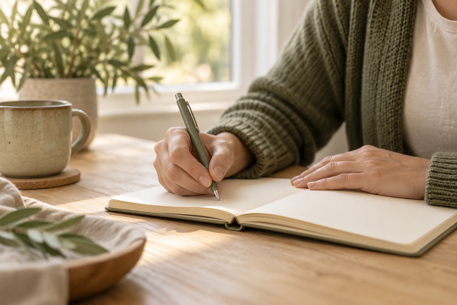 Hands writing in a notebook beside a softly lit window.