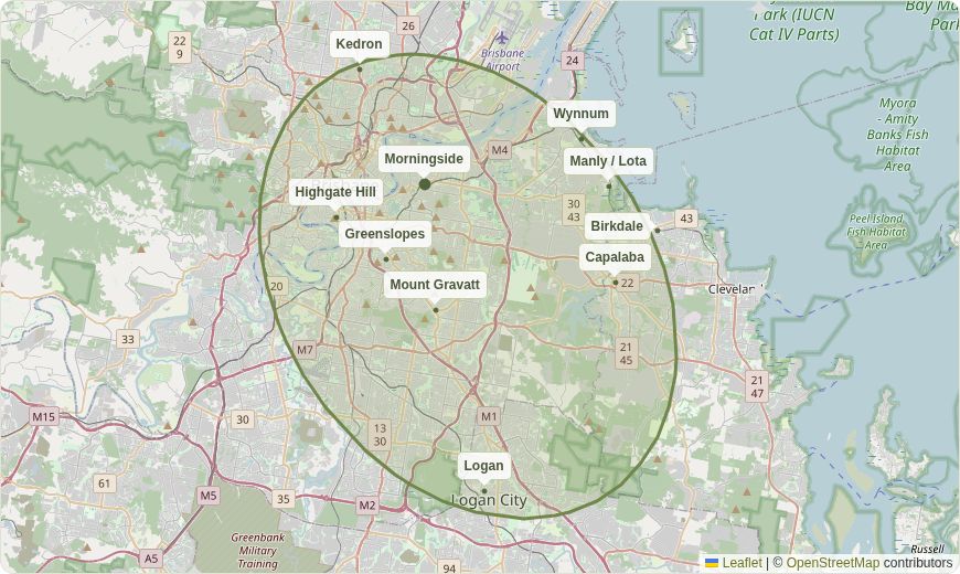 Brisbane mobile service area map. Approximate green oval extends from Kedron south to Logan and east to Wynnum, Manly, Lota, Birkdale and Capalaba, with Morningside marked.