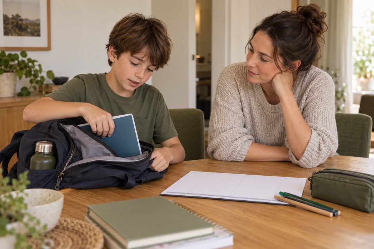 A parent and child planning a school routine together at home.